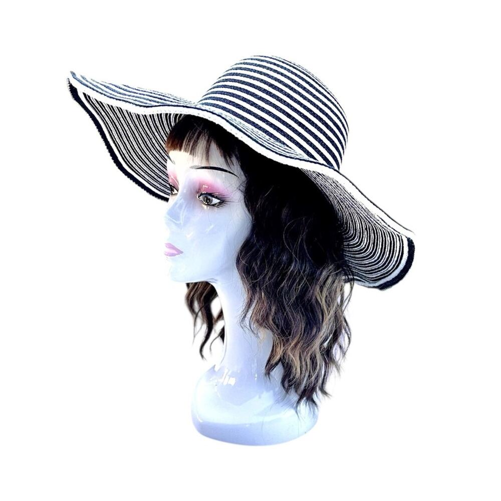 Magid Striped Straw Floppy Hat Black-White Foldable Beach Sun Garden Chic
